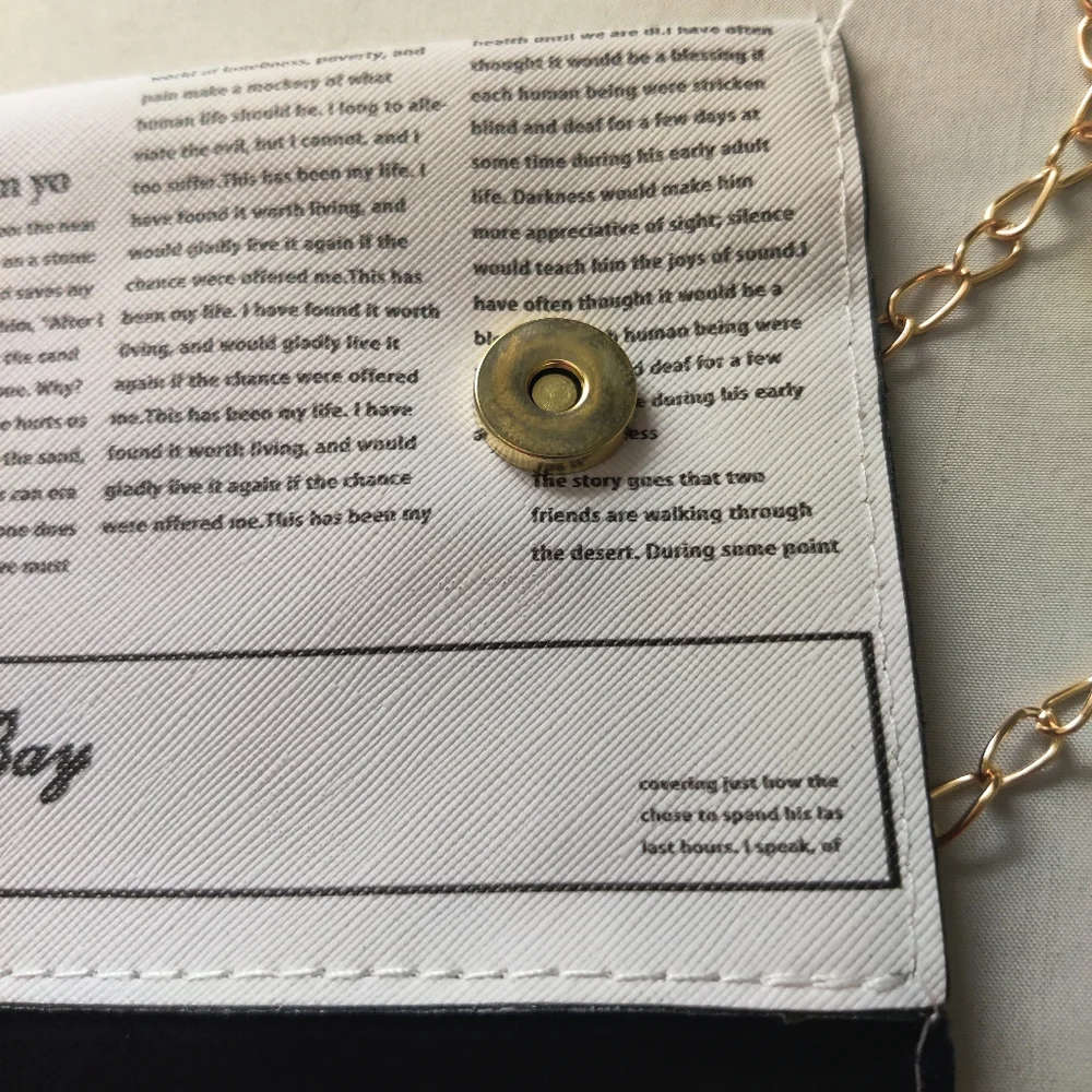 Newspaper Print Flap Crossbody Purse, Clutch, Snap Added Gold Chain New! 8" X 5" - Picture 13 of 17